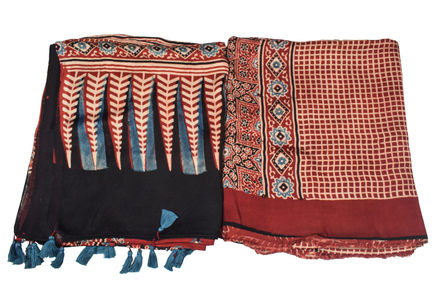 Ajrakh Modal Silk Natural Dye Three Colour Print | 3 Kam | Hand Block Print Kurta-Dupatta (Two Piece Set) with Full Ajrakh Heavy Dupatta with Tassels - 2.5 Mtr Length   -  SKU : AI1060AC