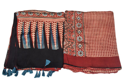 Ajrakh Modal Silk Natural Dye Three Colour Print | 3 Kam | Hand Block Print Kurta-Dupatta (Two Piece Set) with Full Ajrakh Heavy Dupatta with Tassels - 2.5 Mtr Length   -  SKU : AI1060AC