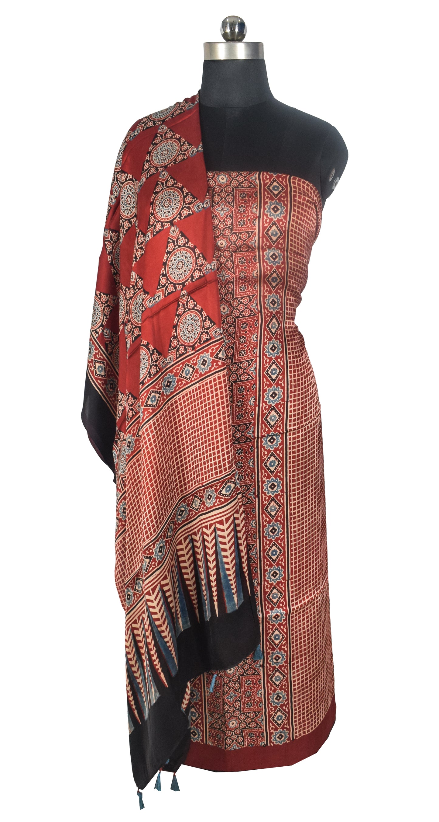 Ajrakh Modal Silk Natural Dye Three Colour Print | 3 Kam | Hand Block Print Kurta-Dupatta (Two Piece Set) with Full Ajrakh Heavy Dupatta with Tassels - 2.5 Mtr Length   -  SKU : AI1060AC