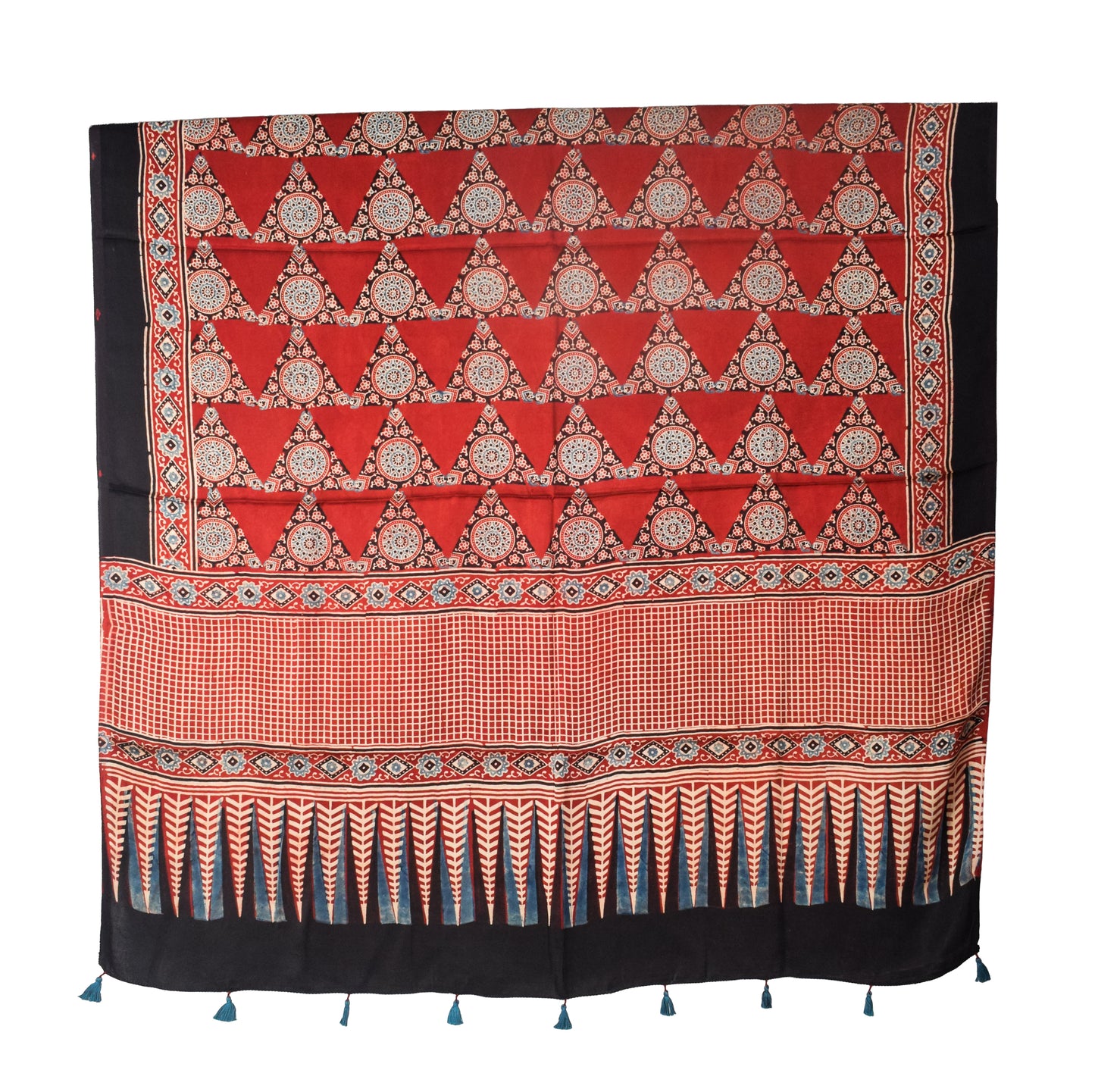 Ajrakh Modal Silk Natural Dye Three Colour Print | 3 Kam | Hand Block Print Kurta-Dupatta (Two Piece Set) with Full Ajrakh Heavy Dupatta with Tassels - 2.5 Mtr Length   -  SKU : AI1060AC