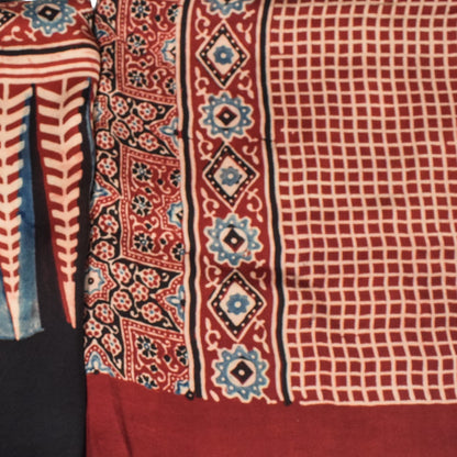 Ajrakh Modal Silk Natural Dye Three Colour Print | 3 Kam | Hand Block Print Kurta-Dupatta (Two Piece Set) with Full Ajrakh Heavy Dupatta with Tassels - 2.5 Mtr Length   -  SKU : AI1060AC