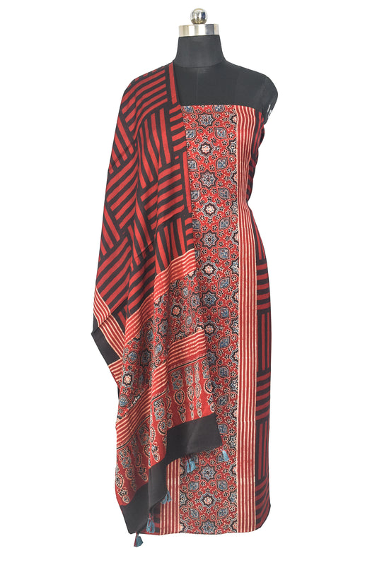 Ajrakh Modal Silk Natural Dye Hand Block Print Kurta-Dupatta (Two Piece Set) with Full Ajrakh Heavy Dupatta with Tassels - 2.5 Mtr Length    -  SKU : AI22101T