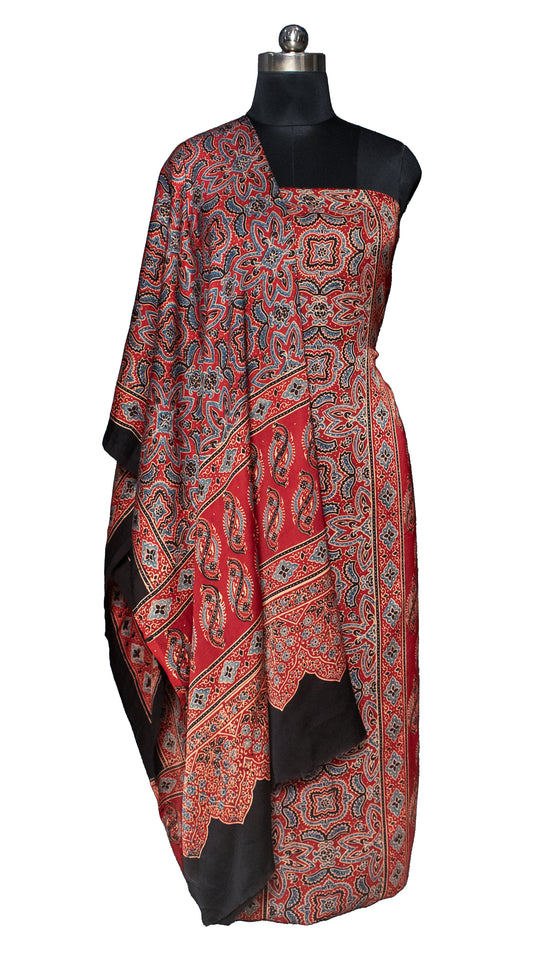 Ajrakh Modal Silk Natural Dye Hand Block Print Kurta-Dupatta (Two Piece Set) with Full Ajrakh Heavy Dupatta with Tassels     -  SKU : ID25701K