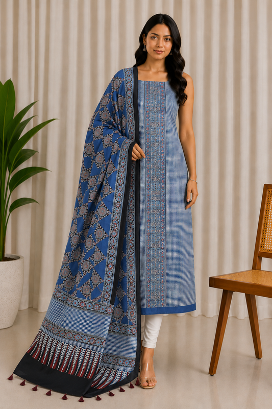 Ajrakh Modal Silk Natural Dye Three Colour Print | 3 Kam | Hand Block Print Kurta-Dupatta (Two Piece Set) with Full Ajrakh Heavy Dupatta with Tassels - 2.5 Mtr Length   -  SKU : AI10601R