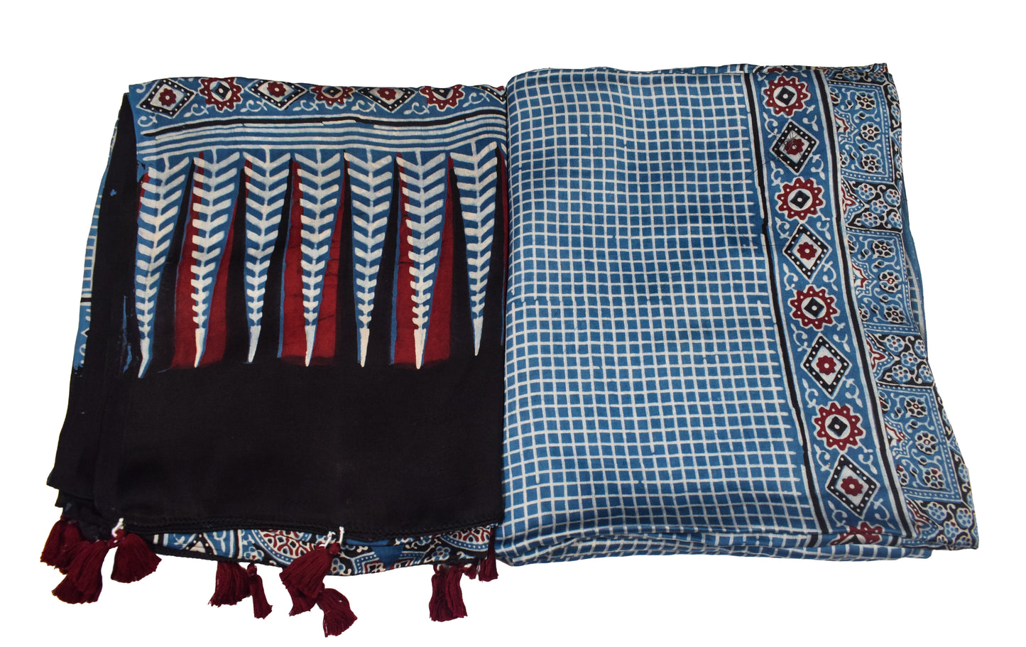 Ajrakh Modal Silk Natural Dye Three Colour Print | 3 Kam | Hand Block Print Kurta-Dupatta (Two Piece Set) with Full Ajrakh Heavy Dupatta with Tassels - 2.5 Mtr Length   -  SKU : AI10601R