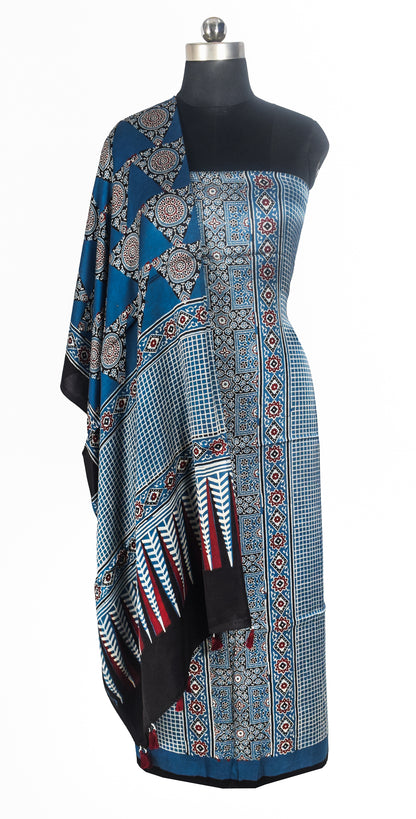 Ajrakh Modal Silk Natural Dye Three Colour Print | 3 Kam | Hand Block Print Kurta-Dupatta (Two Piece Set) with Full Ajrakh Heavy Dupatta with Tassels - 2.5 Mtr Length   -  SKU : AI10601R