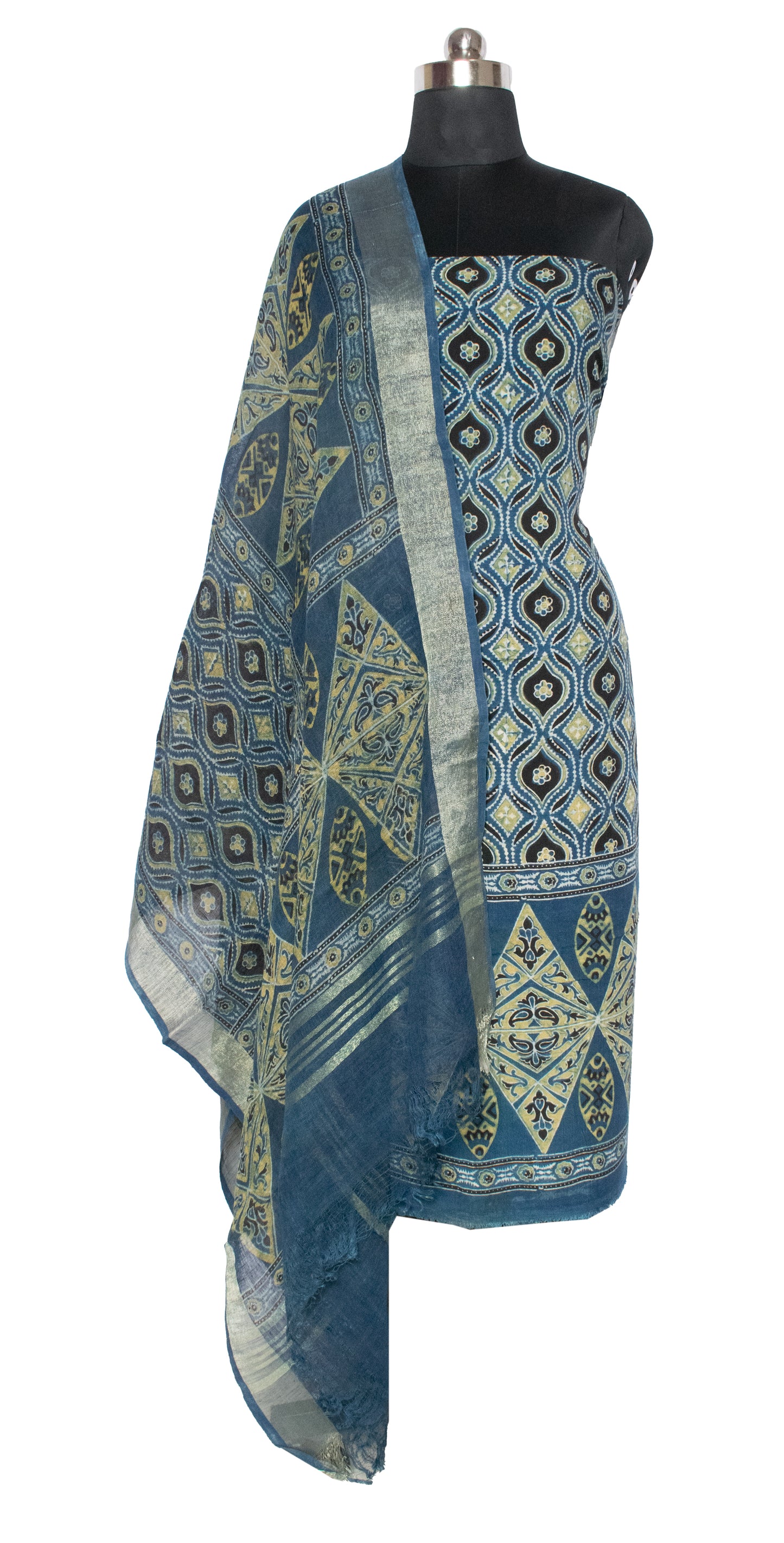 Ajrakh Linen Natural Dye Hand Block Print Kurta-Dupatta (Two Piece Set) with Jari Border Dupatta - 2.6 Mt Top    -  SKU : ID15601F