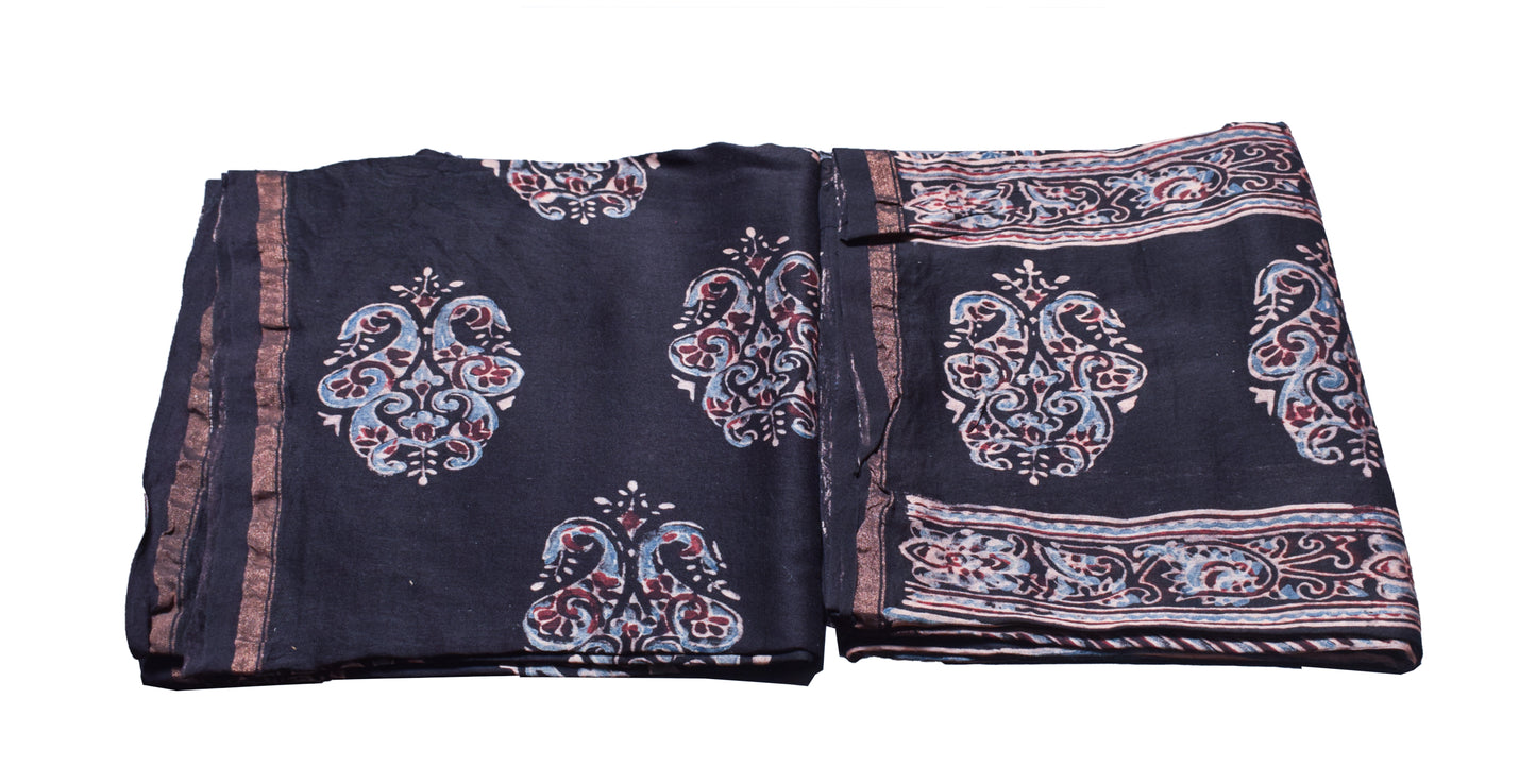 Ajrakh Chanderi Silk Natural Dye Hand Block Print Kurta-Dupatta (Two Piece Set)   - 2.5  Mt Top    -  SKU : ID05A01K