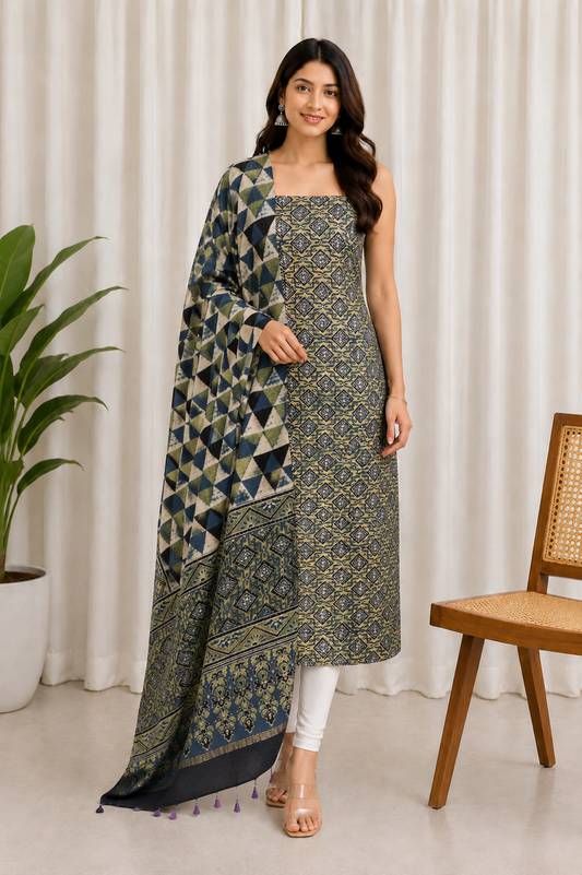 Ajrakh Chanderi Silk Natural Dye Hand Block Print Kurta-Dupatta (Two Piece Set)     -  SKU : ID05A01G