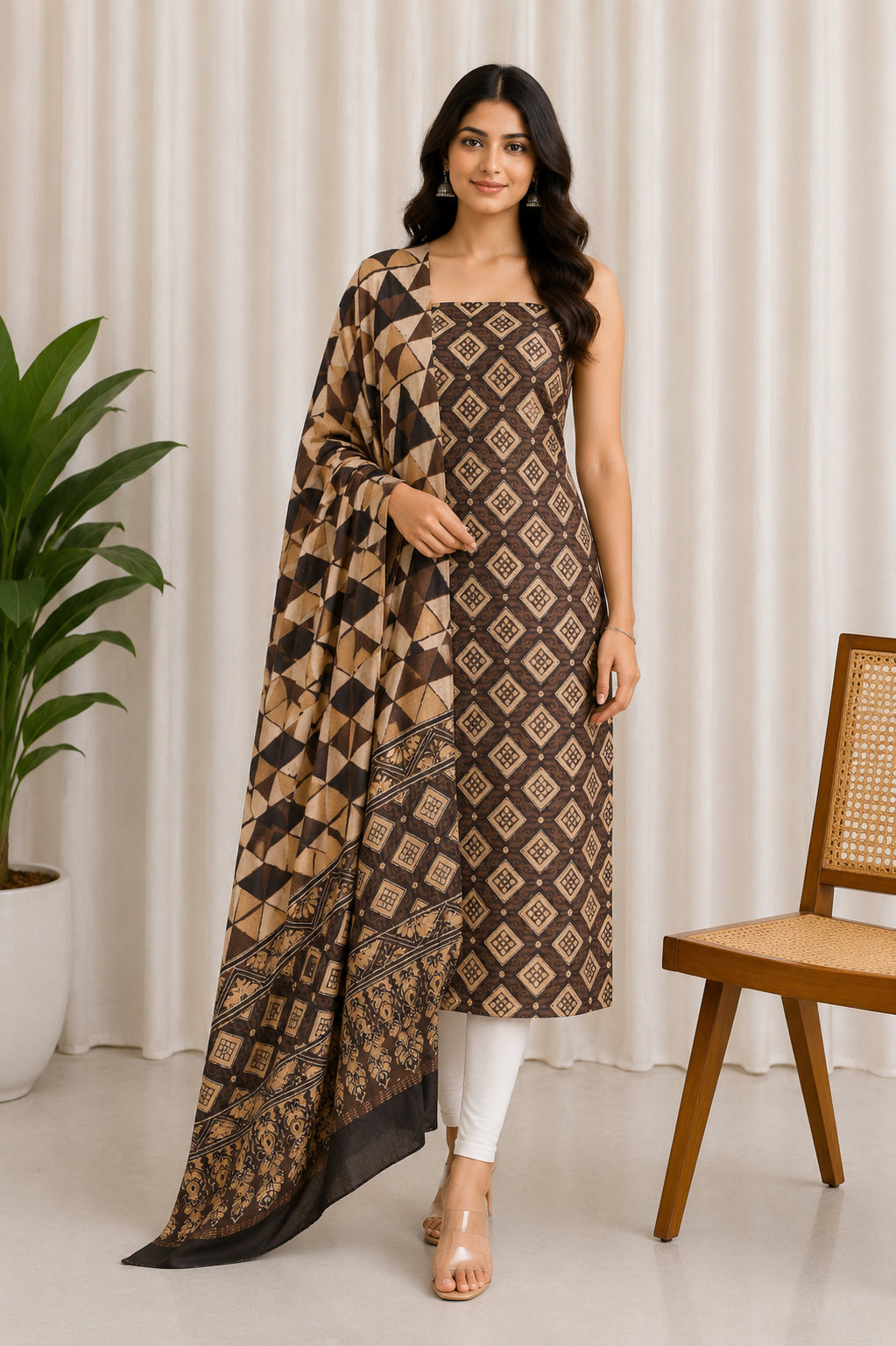 Ajrakh Chanderi Silk Natural Dye Hand Block Print Kurta-Dupatta (Two Piece Set)   - 2.5  Mt Top    -  SKU : ID05A01J