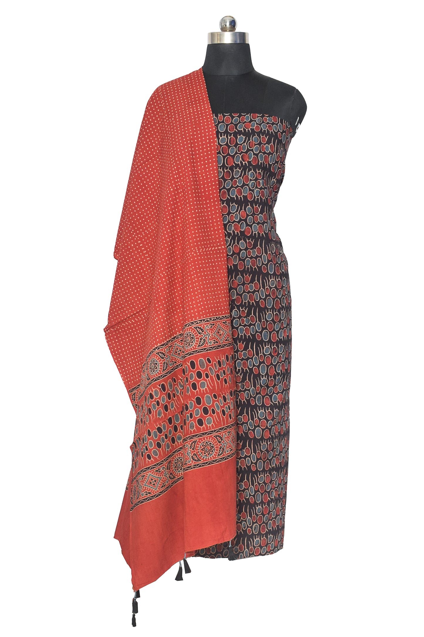 Ajrakh Cotton Natural Dye Hand Block Print Kurta-Dupatta (Two Piece Set) with Full Ajrakh Heavy Dupatta with Tassels - 2.5 Mt Top    -  SKU : ID22A02A