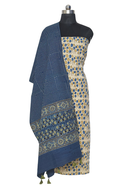 Ajrakh Cotton Natural Dye Hand Block Print Kurta-Dupatta (Two Piece Set) with Full Ajrakh Heavy Dupatta with Tassels - 2.5 Mt Top    -  SKU : ID22A02D