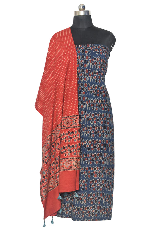 Ajrakh Cotton Natural Dye Hand Block Print Kurta-Dupatta (Two Piece Set) with Full Ajrakh Heavy Dupatta with Tassels - 2.5 Mt Top    -  SKU : ID22A02C