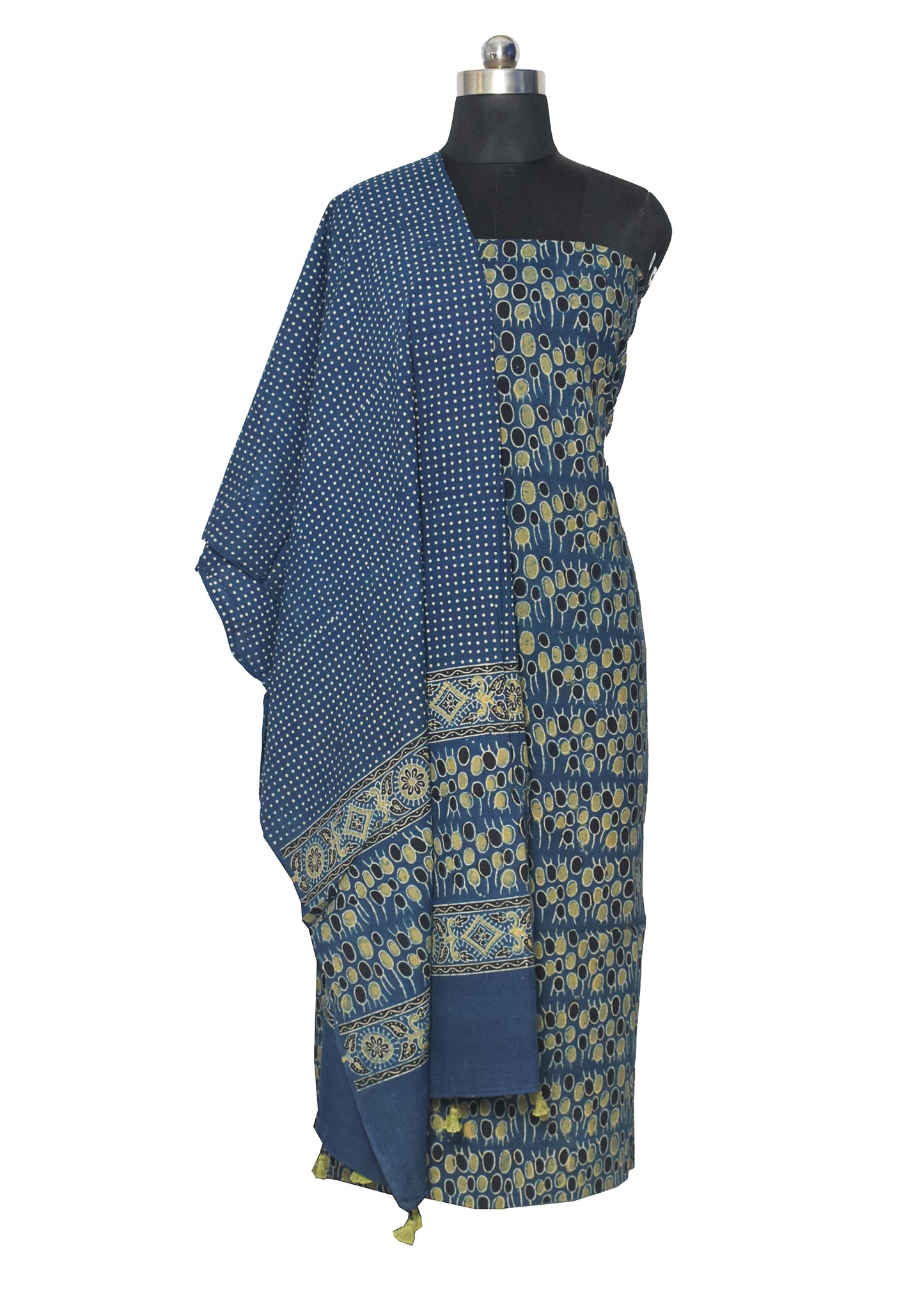 Ajrakh Cotton Natural Dye Hand Block Print Kurta-Dupatta (Two Piece Set) with Full Ajrakh Heavy Dupatta with Tassels - 2.5 Mt Top    -  SKU : ID22A02F