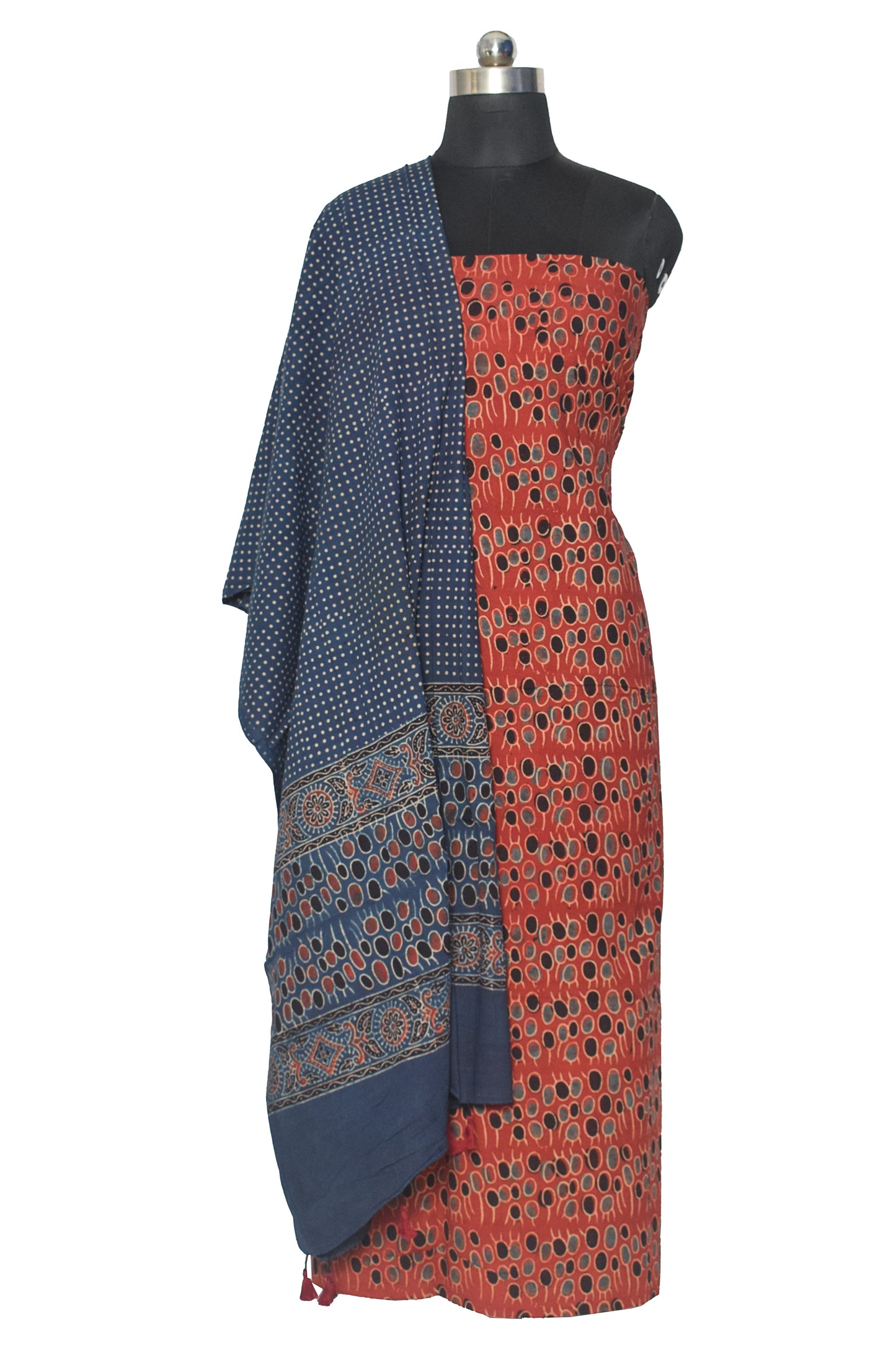 Ajrakh Cotton Natural Dye Hand Block Print Kurta-Dupatta (Two Piece Set) with Full Ajrakh Heavy Dupatta with Tassels - 2.5 Mt Top    -  SKU : ID22A02B