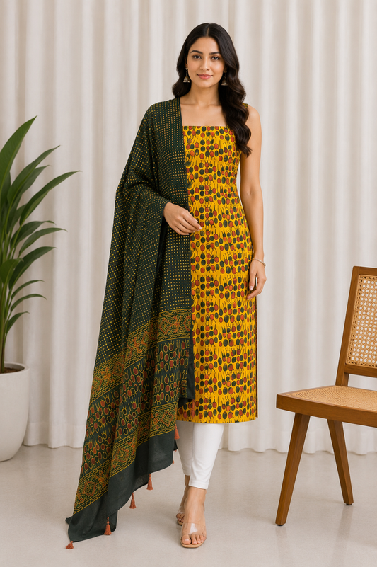 Ajrakh Cotton Natural Dye Hand Block Print Kurta-Dupatta (Two Piece Set) with Full Ajrakh Heavy Dupatta with Tassels - 2.5 Mt Top    -  SKU : ID22A02E