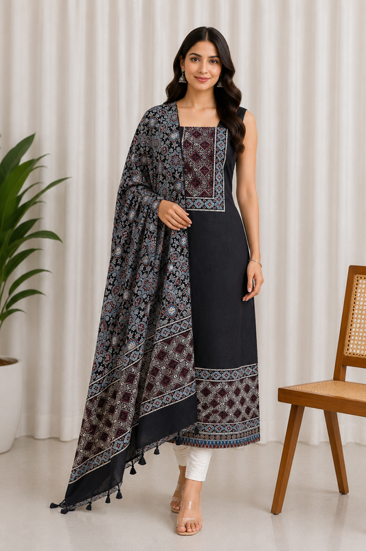 Ajrakh Cotton Natural Dye Hand Block Print Kurta-Dupatta (Two Piece Set) with Full Ajrakh Heavy Dupatta - 2.5 Mt Top    -  SKU : RM10302A