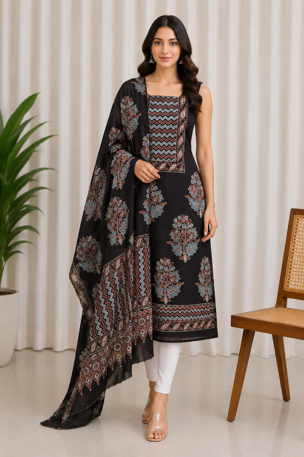 Ajrakh Cotton Natural Dye Hand Block Print Kurta-Dupatta (Two Piece Set) with Full Ajrakh Heavy Dupatta - 2.5 Mt Top    -  SKU : RM10302B