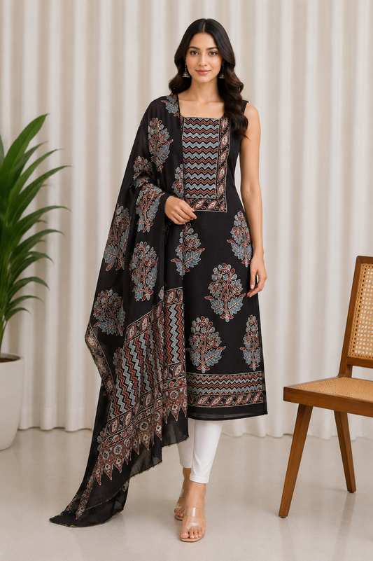 Ajrakh Cotton Natural Dye Hand Block Print Kurta-Dupatta (Two Piece Set) with Full Ajrakh Heavy Dupatta - 2.5 Mt Top    -  SKU : RM10302B