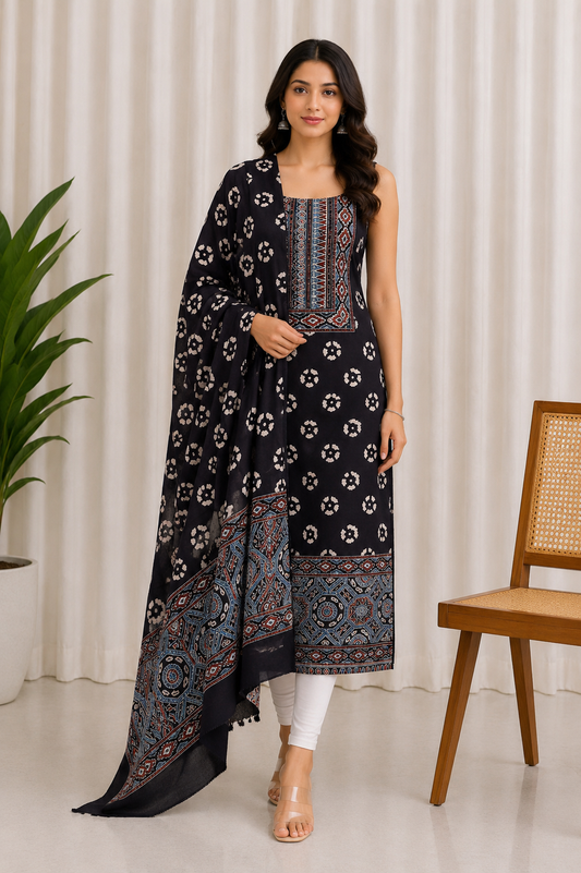 Ajrakh Cotton Natural Dye Hand Block Print Kurta-Dupatta (Two Piece Set) with Full Ajrakh Heavy Dupatta - 2.5 Mt Top    -  SKU : RM10302C