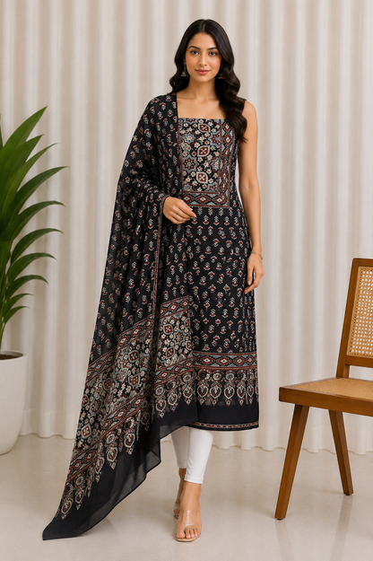 Ajrakh Cotton Natural Dye Hand Block Print Kurta-Dupatta (Two Piece Set) with Full Ajrakh Heavy Dupatta - 2.5 Mt Top    -  SKU : RM10302D