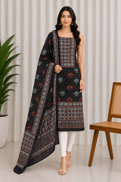 Ajrakh Cotton Natural Dye Hand Block Print Kurta-Dupatta (Two Piece Set) with Full Ajrakh Heavy Dupatta - 2.5 Mt Top    -  SKU : RM10302E