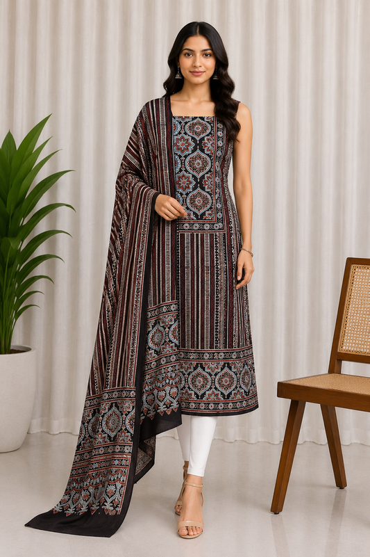 Ajrakh Cotton Natural Dye Hand Block Print Kurta-Dupatta (Two Piece Set) with Full Ajrakh Heavy Dupatta - 2.5 Mt Top    -  SKU : RM10302F