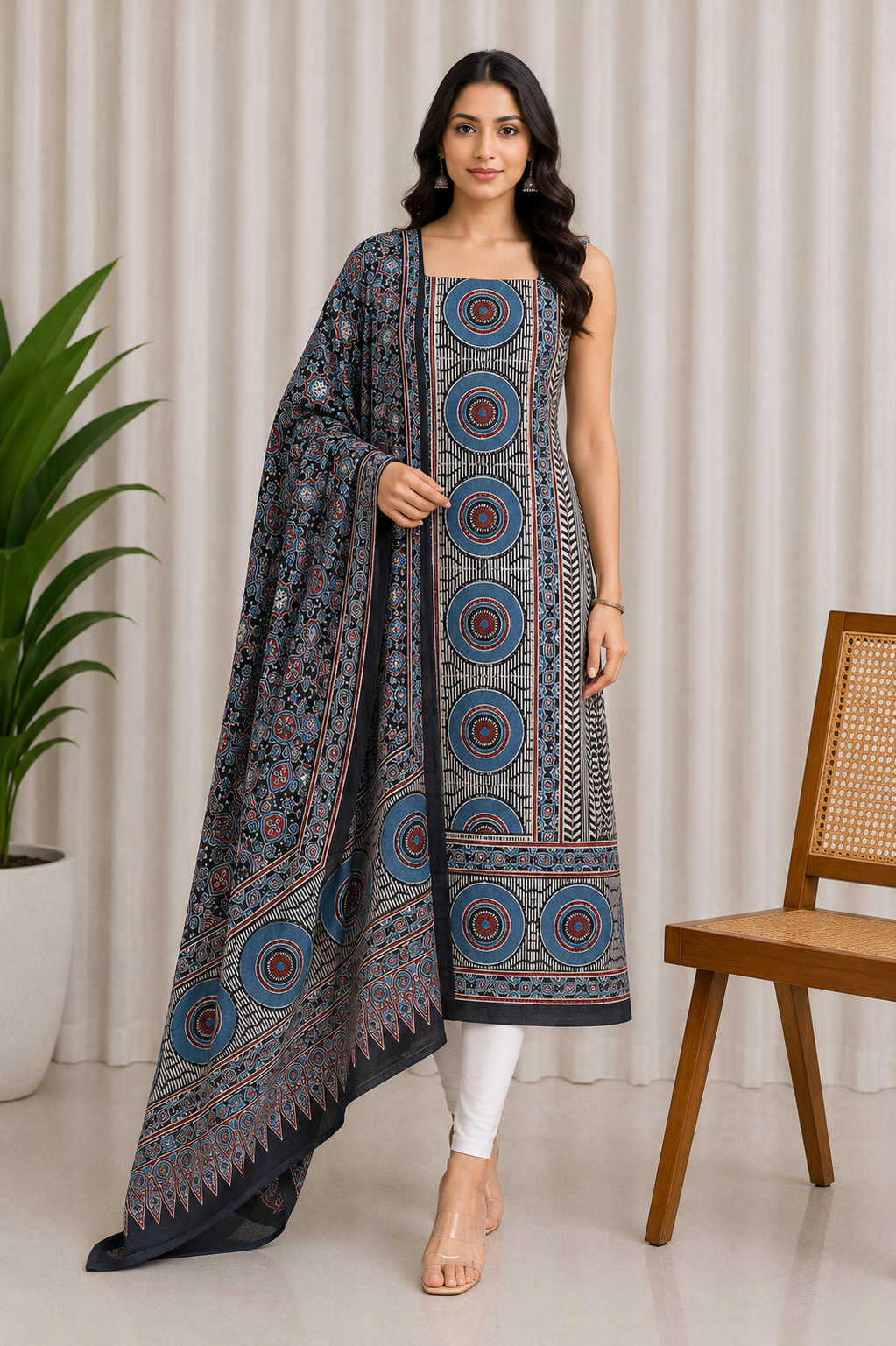 Ajrakh Cotton Natural Dye Hand Block Print Kurta-Dupatta (Two Piece Set) with Full Ajrakh Heavy Dupatta - 2.5 Mt Top    -  SKU : RM10302G