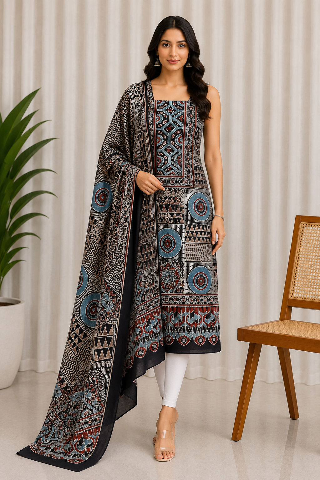 Ajrakh Cotton Natural Dye Hand Block Print Kurta-Dupatta (Two Piece Set) with Full Ajrakh Heavy Dupatta - 2.5 Mt Top    -  SKU : RM10302H