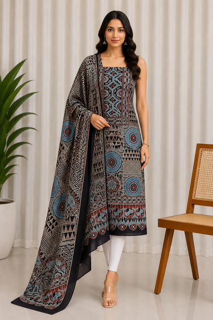 Ajrakh Cotton Natural Dye Hand Block Print Kurta-Dupatta (Two Piece Set) with Full Ajrakh Heavy Dupatta - 2.5 Mt Top    -  SKU : RM10302H