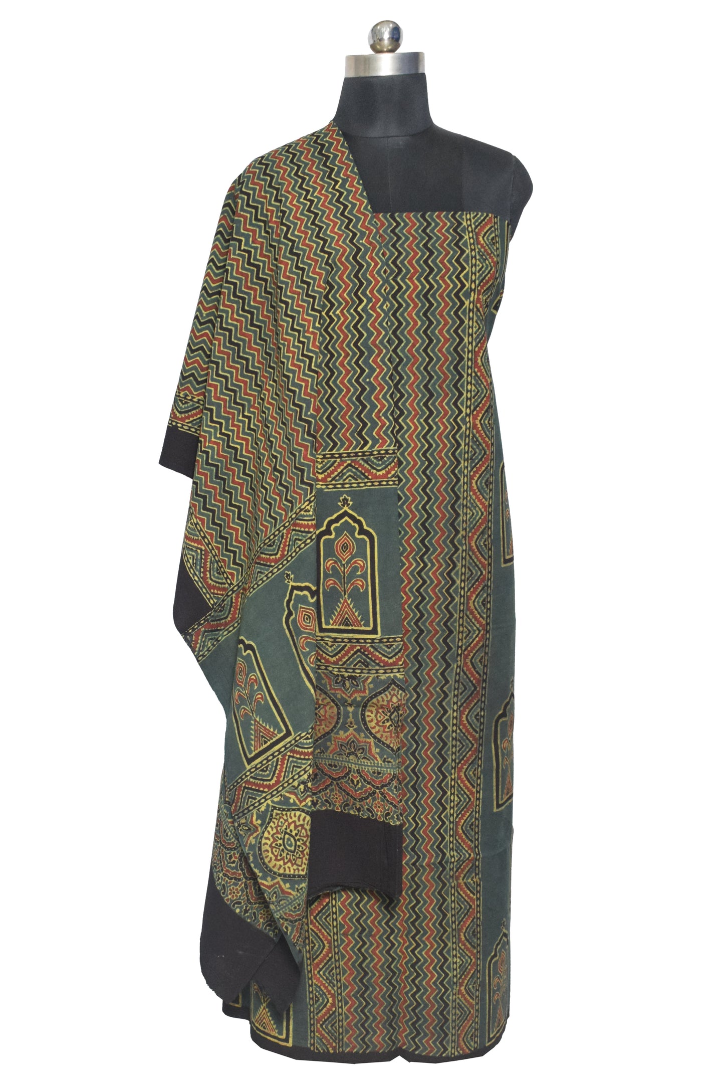 Ajrakh Cotton Natural Dye Hand Block Print Kurta-Dupatta (Two Piece Set) with Full Ajrakh Heavy Dupatta - 2.5 Mt Top    -  SKU : MS09401M