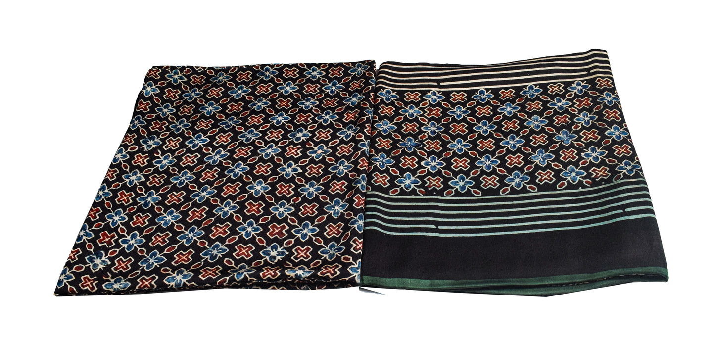 Ajrakh Modal Silk Part Natural Dye Plain Dyeing Ajrakh Border Dupatta Hand Block Print Kurta-Dupatta (Two Piece Set) with Tassels - 2.5 Mt Top    -  SKU : AI27801M