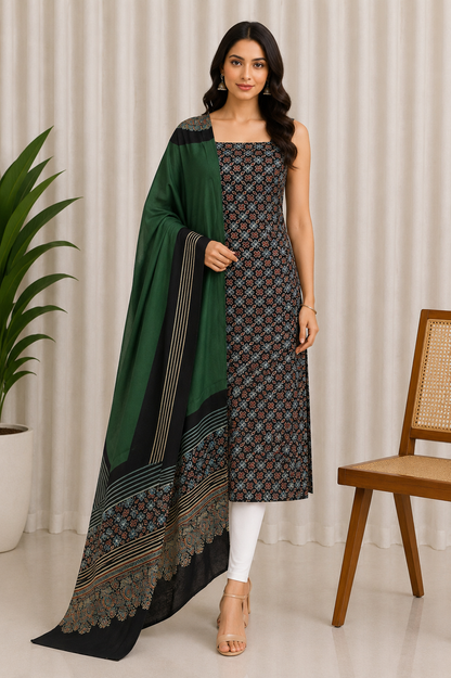Ajrakh Modal Silk Part Natural Dye Plain Dyeing Ajrakh Border Dupatta Hand Block Print Kurta-Dupatta (Two Piece Set) with Tassels - 2.5 Mt Top    -  SKU : AI27801M