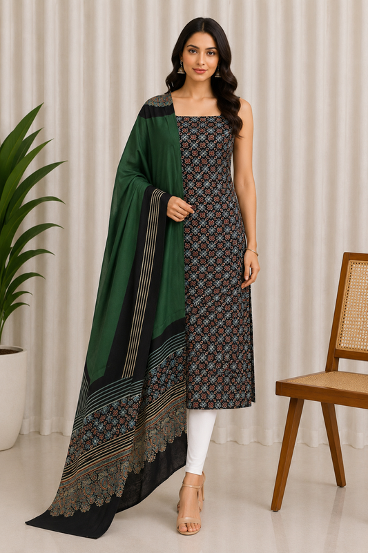 Ajrakh Modal Silk Part Natural Dye Plain Dyeing Ajrakh Border Dupatta Hand Block Print Kurta-Dupatta (Two Piece Set) with Tassels - 2.5 Mt Top    -  SKU : AI27801M