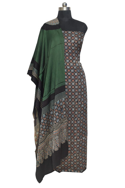 Ajrakh Modal Silk Part Natural Dye Plain Dyeing Ajrakh Border Dupatta Hand Block Print Kurta-Dupatta (Two Piece Set) with Tassels - 2.5 Mt Top    -  SKU : AI27801M