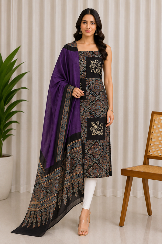 Ajrakh Modal Silk Part Natural Dye Plain Dyeing Ajrakh Border Dupatta Hand Block Print Kurta-Dupatta (Two Piece Set) with Tassels - 2.5 Mt Top    -  SKU : AI27801A