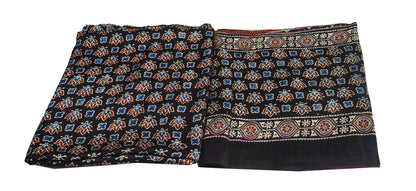 Ajrakh Modal Silk Part Natural Dye Plain Dyeing Ajrakh Border Dupatta Hand Block Print Kurta-Dupatta (Two Piece Set) with Tassels - 2.5 Mt Top    -  SKU : AI27801H