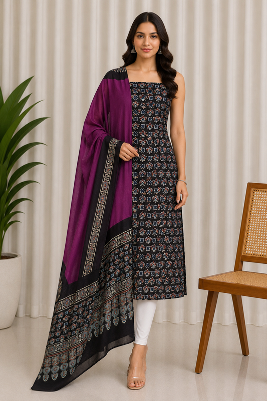 Ajrakh Modal Silk Part Natural Dye Plain Dyeing Ajrakh Border Dupatta Hand Block Print Kurta-Dupatta (Two Piece Set) with Tassels - 2.5 Mt Top    -  SKU : AI27801H