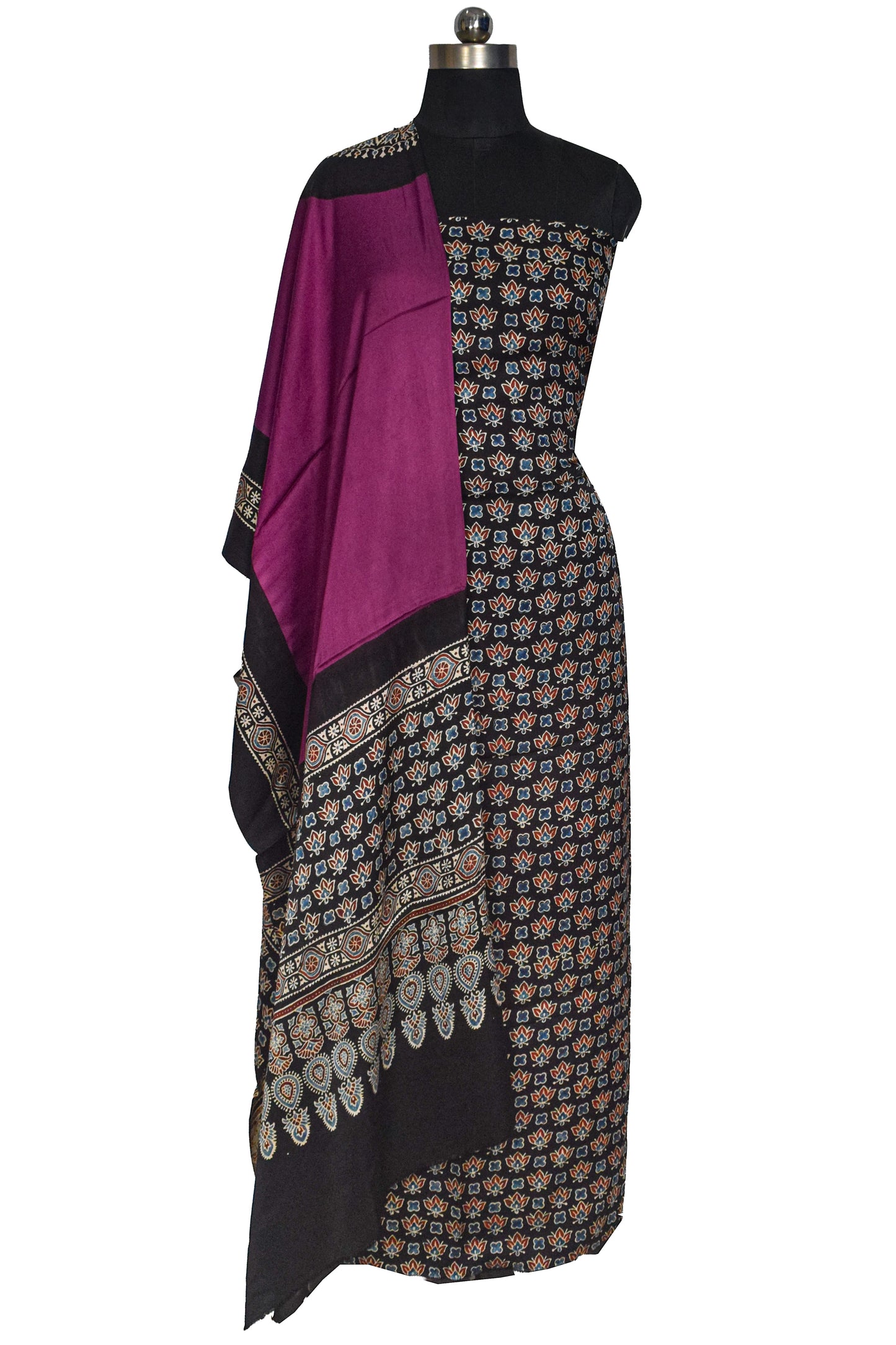 Ajrakh Modal Silk Part Natural Dye Plain Dyeing Ajrakh Border Dupatta Hand Block Print Kurta-Dupatta (Two Piece Set) with Tassels - 2.5 Mt Top    -  SKU : AI27801H
