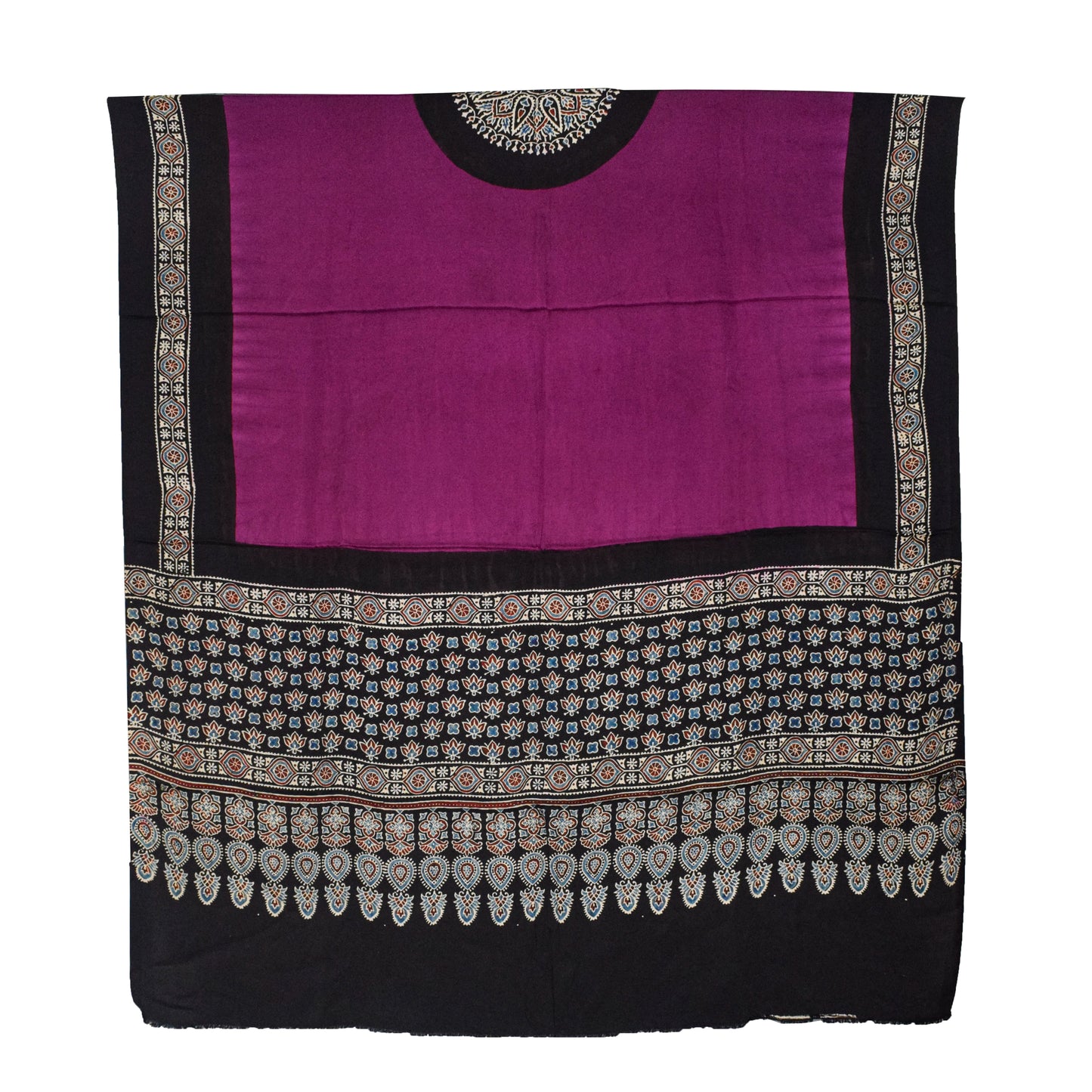 Ajrakh Modal Silk Part Natural Dye Plain Dyeing Ajrakh Border Dupatta Hand Block Print Kurta-Dupatta (Two Piece Set) with Tassels - 2.5 Mt Top    -  SKU : AI27801H