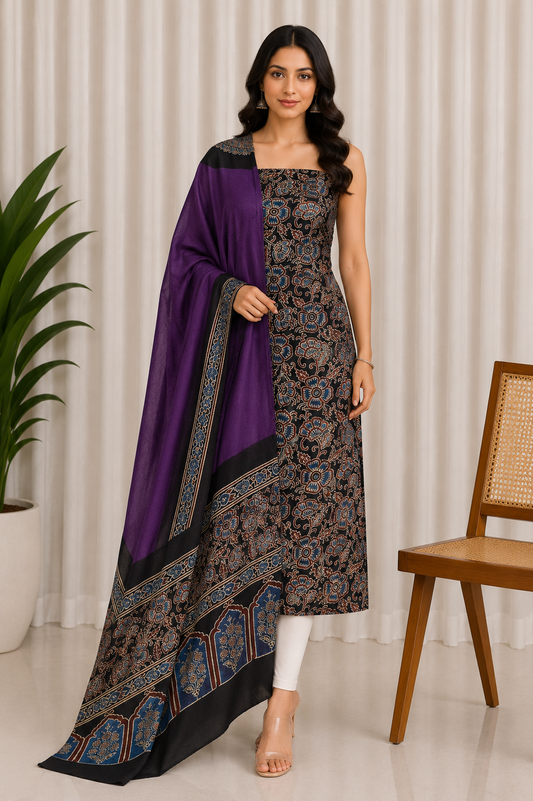 Ajrakh Modal Silk Part Natural Dye Plain Dyeing Ajrakh Border Dupatta Hand Block Print Kurta-Dupatta (Two Piece Set) with Tassels - 2.5 Mt Top    -  SKU : AI27801J