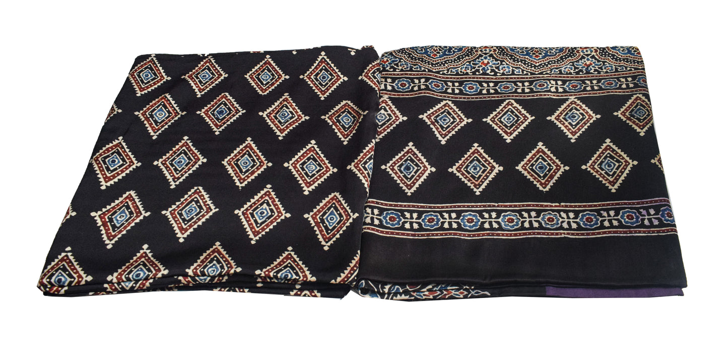 Ajrakh Modal Silk Part Natural Dye Plain Dyeing Ajrakh Border Dupatta Hand Block Print Kurta-Dupatta (Two Piece Set) with Tassels - 2.5 Mt Top    -  SKU : AI27801K
