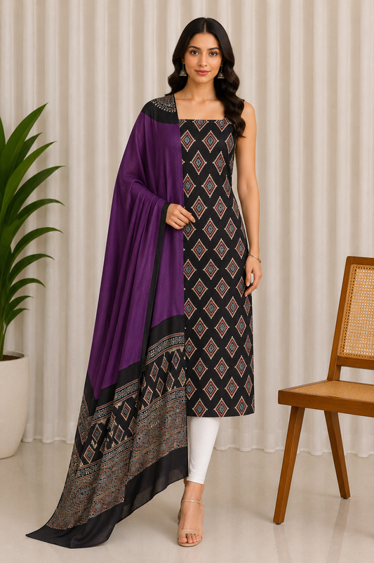 Ajrakh Modal Silk Part Natural Dye Plain Dyeing Ajrakh Border Dupatta Hand Block Print Kurta-Dupatta (Two Piece Set) with Tassels - 2.5 Mt Top    -  SKU : AI27801K
