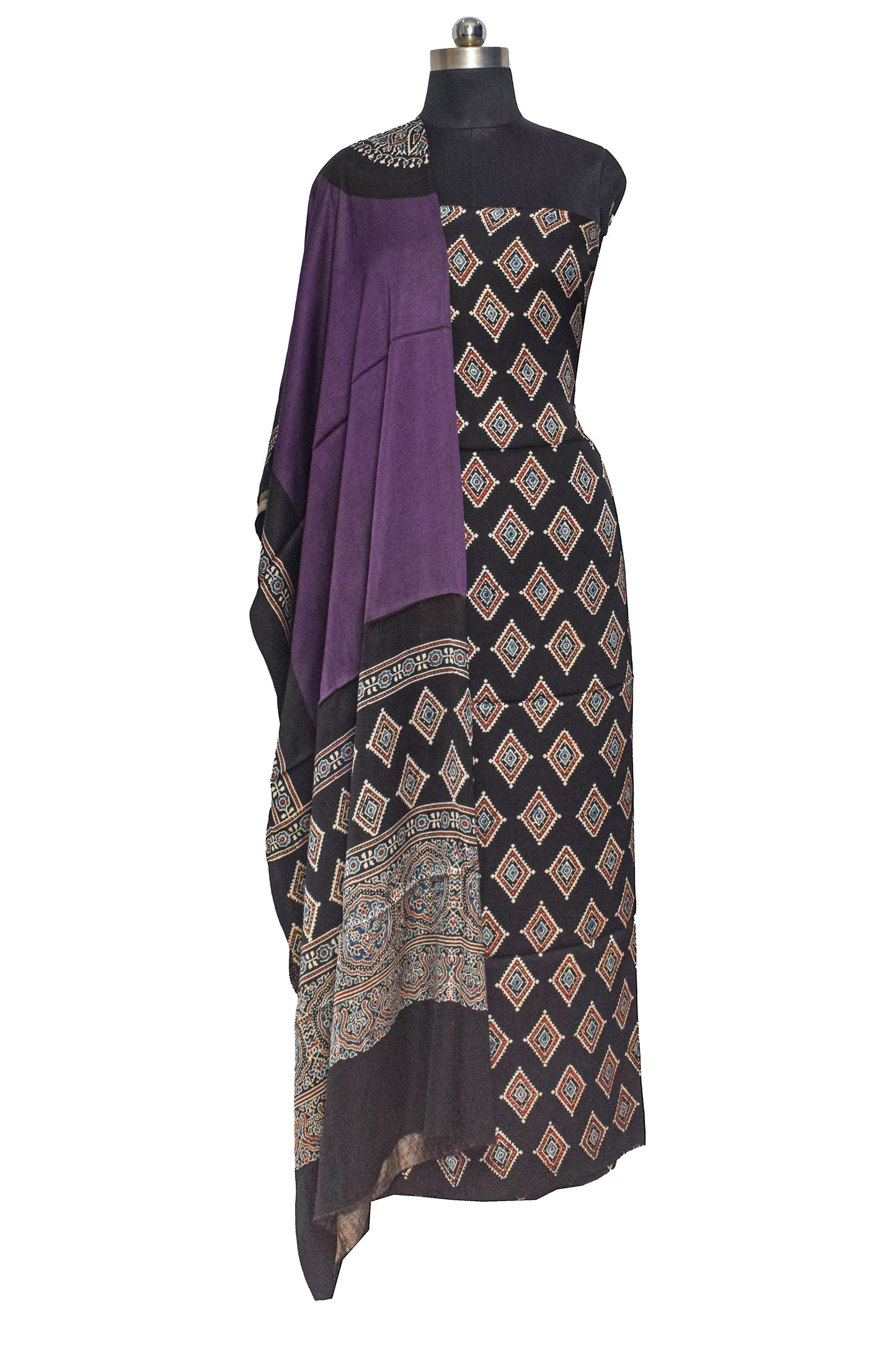 Ajrakh Modal Silk Part Natural Dye Plain Dyeing Ajrakh Border Dupatta Hand Block Print Kurta-Dupatta (Two Piece Set) with Tassels - 2.5 Mt Top    -  SKU : AI27801K