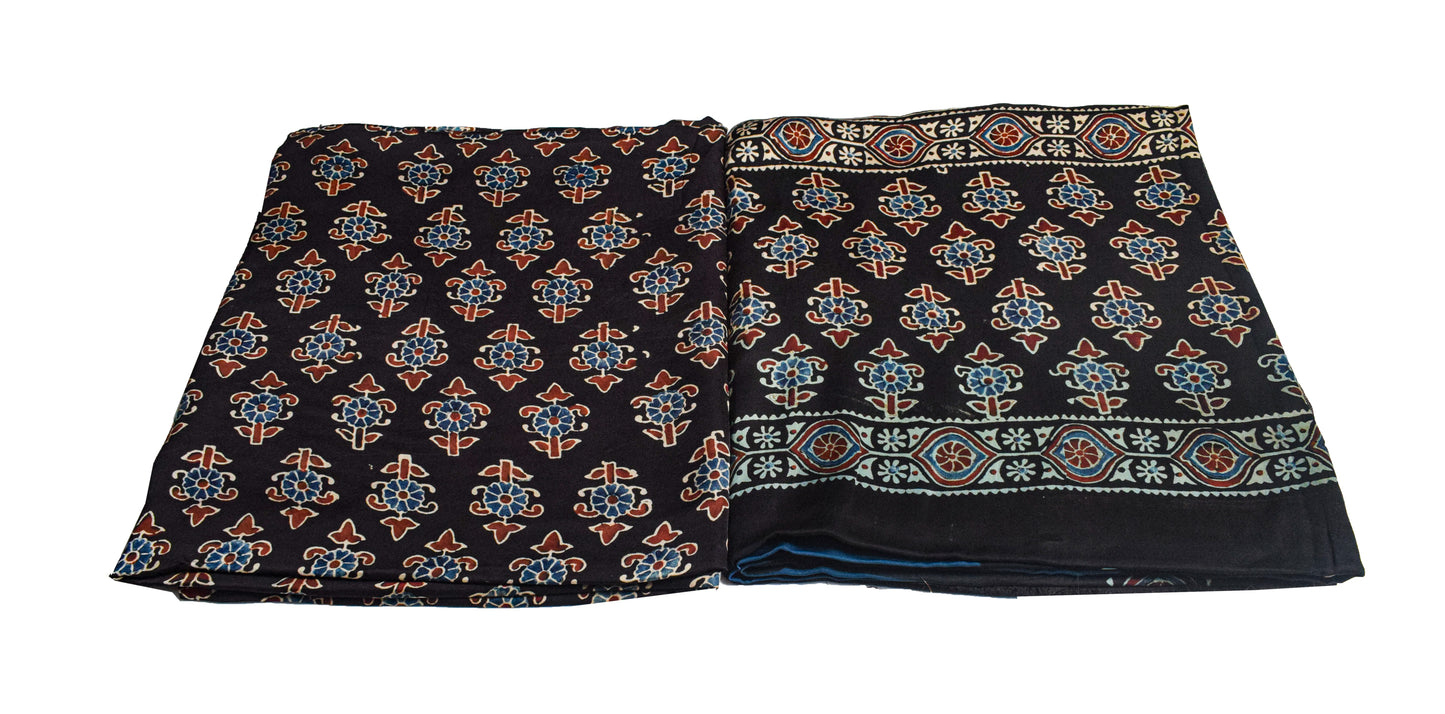 Ajrakh Modal Silk Part Natural Dye Plain Dyeing Ajrakh Border Dupatta Hand Block Print Kurta-Dupatta (Two Piece Set) with Tassels - 2.5 Mt Top    -  SKU : AI27801C