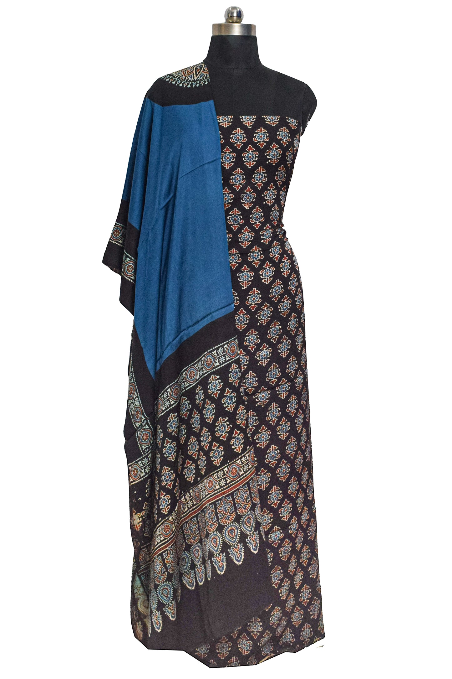 Ajrakh Modal Silk Part Natural Dye Plain Dyeing Ajrakh Border Dupatta Hand Block Print Kurta-Dupatta (Two Piece Set) with Tassels - 2.5 Mt Top    -  SKU : AI27801C