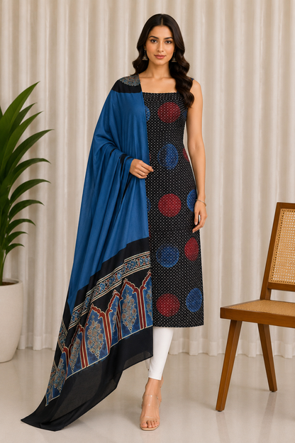 Ajrakh Modal Silk Part Natural Dye Plain Dyeing Ajrakh Border Dupatta Hand Block Print Kurta-Dupatta (Two Piece Set) with Tassels - 2.5 Mt Top    -  SKU : AI27801F