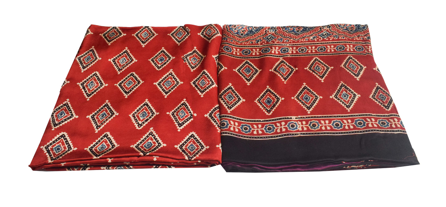 Ajrakh Modal Silk Part Natural Dye Plain Dyeing Ajrakh Border Dupatta Hand Block Print Kurta-Dupatta (Two Piece Set) with Tassels - 2.5 Mt Top    -  SKU : AI27801B