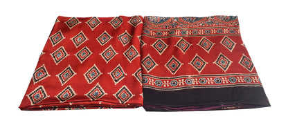 Ajrakh Modal Silk Part Natural Dye Plain Dyeing Ajrakh Border Dupatta Hand Block Print Kurta-Dupatta (Two Piece Set) with Tassels - 2.5 Mt Top    -  SKU : AI27801B