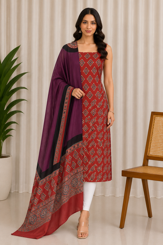 Ajrakh Modal Silk Part Natural Dye Plain Dyeing Ajrakh Border Dupatta Hand Block Print Kurta-Dupatta (Two Piece Set) with Tassels - 2.5 Mt Top    -  SKU : AI27801B